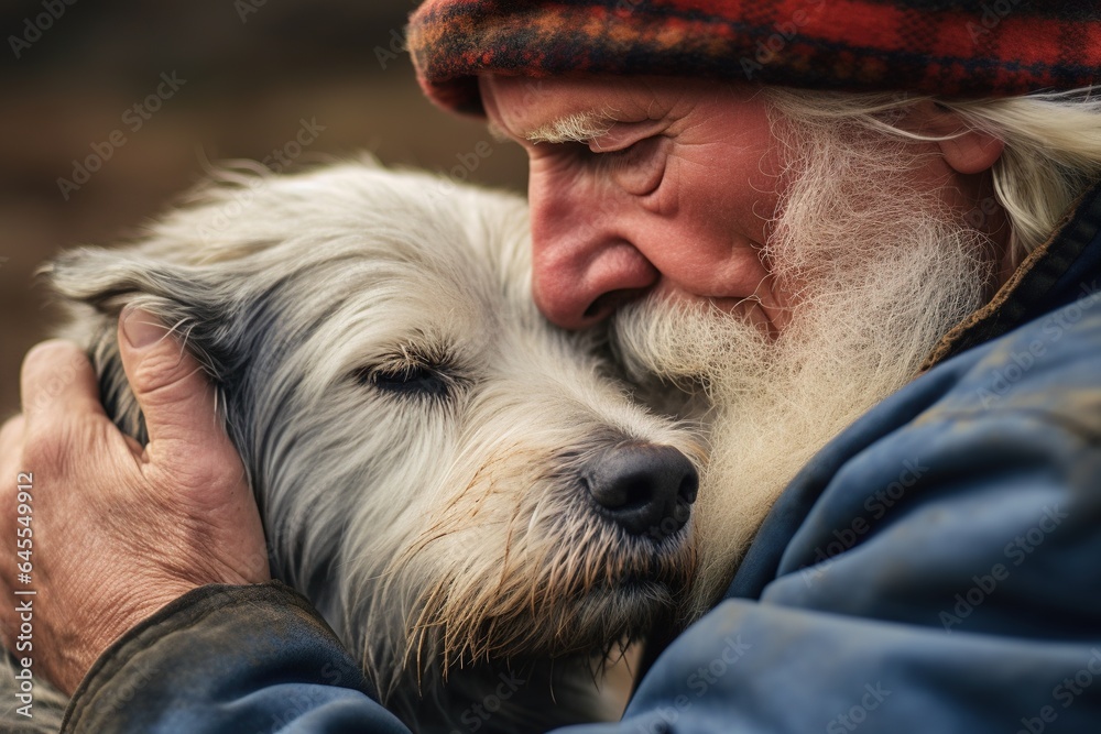 Man stroking his dog.