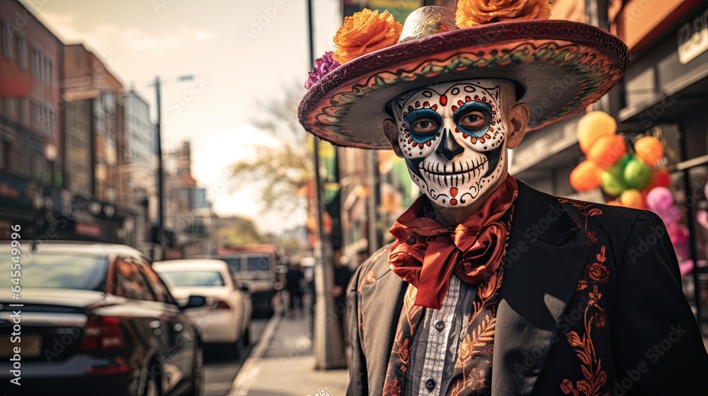 Portrait man wearing sombrero with sugar skull makeup AI Generative