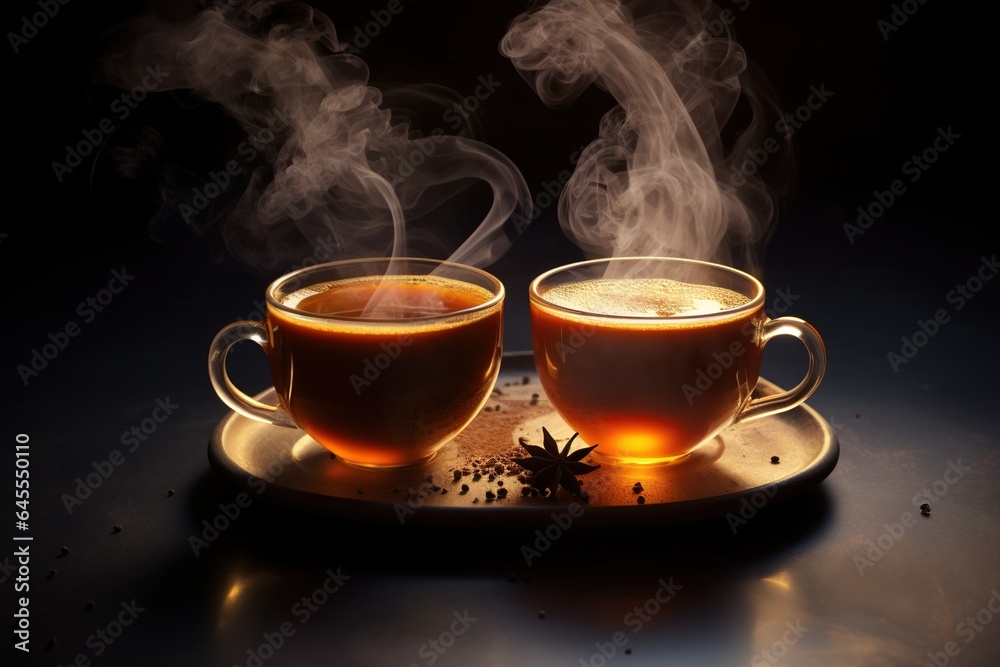 Two cups of tea with steam. Two cups of tea with steam.