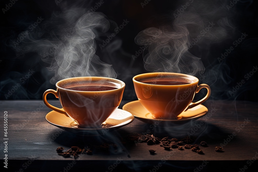 Two cups of tea with steam.