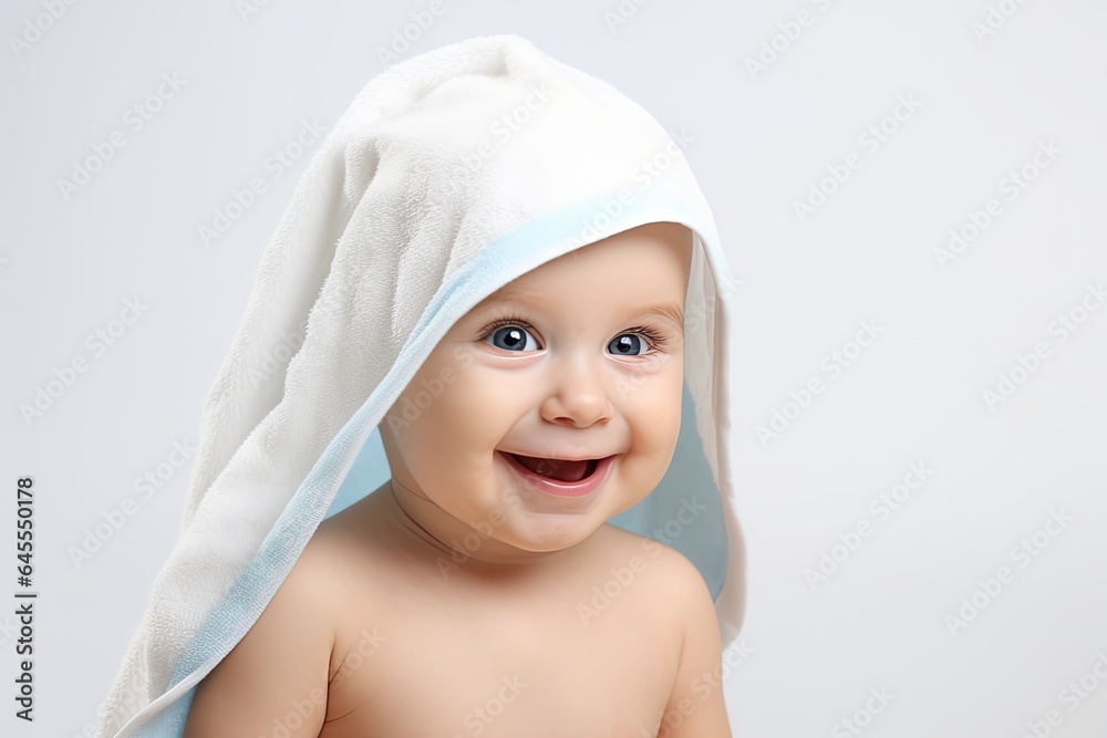 Smiling baby with a towel on his head. Smiling baby with a towel on his head.