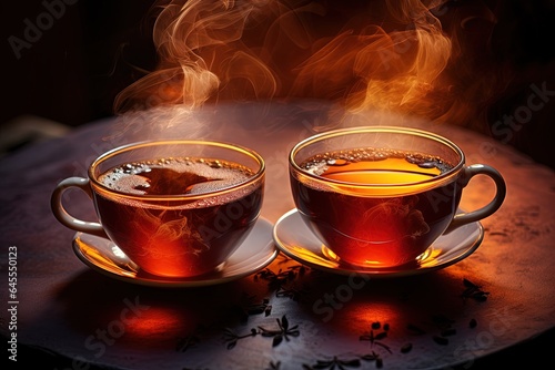 Two cups of tea with steam.