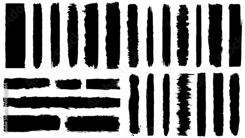 Black collection paint ink brush set. Grunge, frames, text space, lower third, lines, dusty brush, strokes, brushes, design element. Ink brush strokes, hand drawn black sticker. Vector
