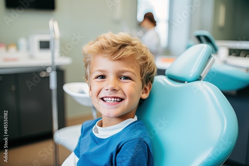 Smiling boy visits the dentist.