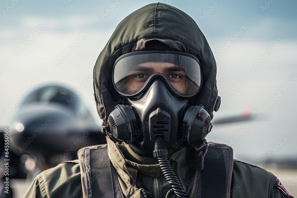 Fighter pilot at airfield wearing mask and helmet.