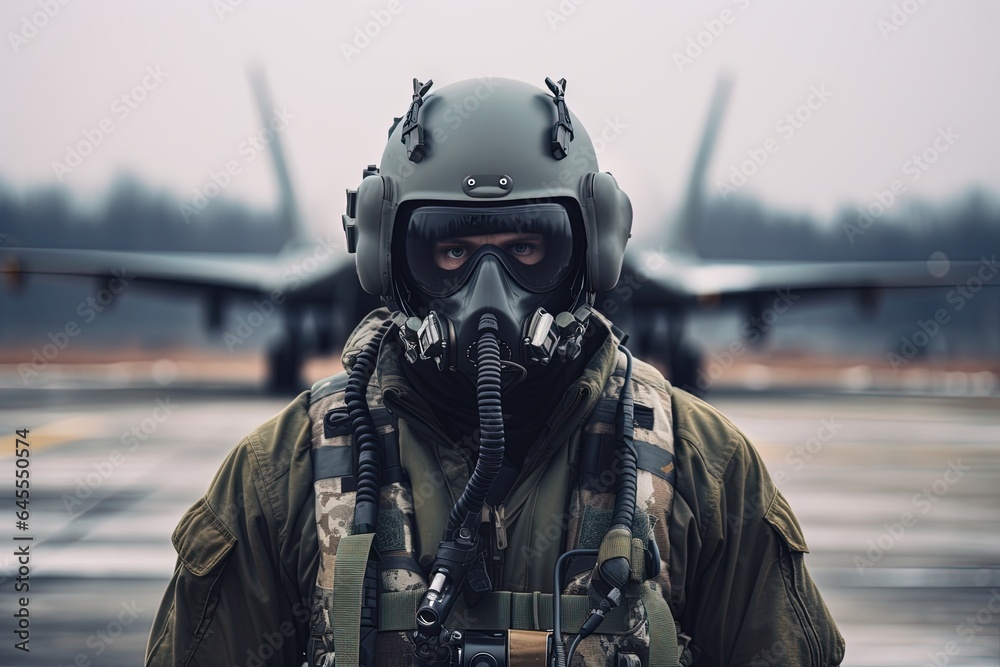 Fighter pilot at airfield wearing mask and helmet. Fighter pilot at airfield wearing mask and helmet.