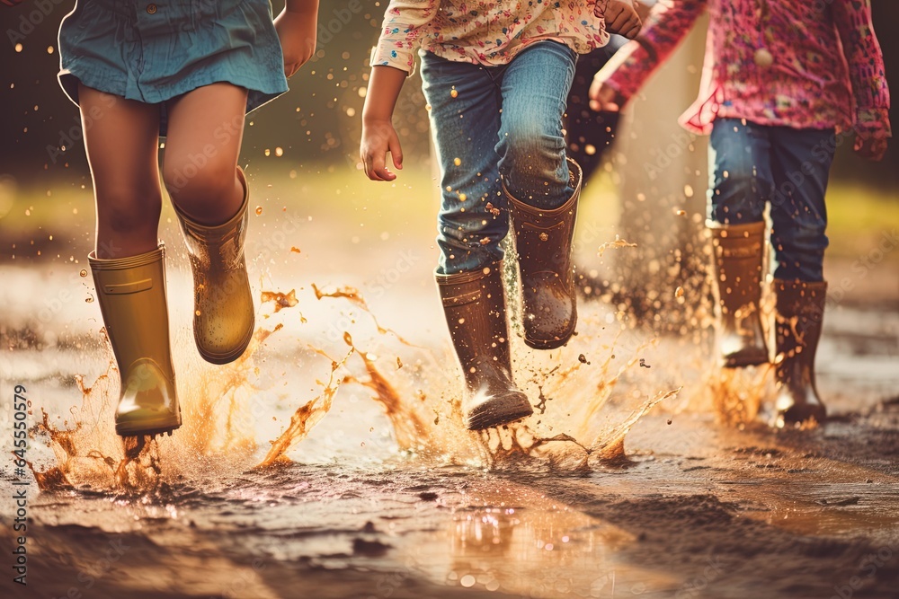 Many children wore rain boots, jump and play in the puddles. Many children wore rain boots, jump and play in the puddles.