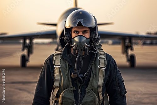 Fighter pilot at airfield wearing mask and helmet.