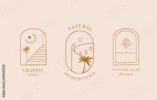 Collection of line design object with nauture,door,,building.Editable vector illustration for social media,icon