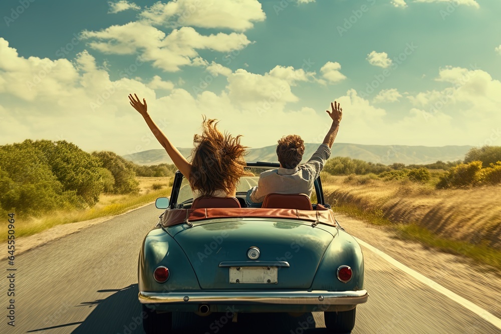 Happy couple driving on country road with raised hands. - obrazy, fototapety, plakaty 