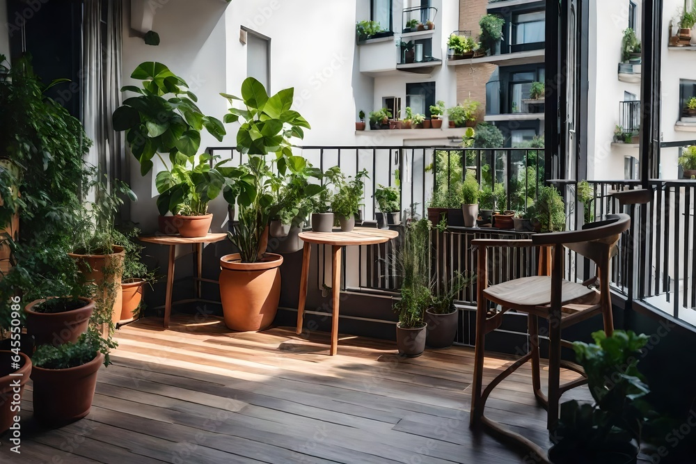 Beautiful terrace or balcony with a hardwood floor, a chair, and green plants in pots. cozy retreat in the house. In the city, a bright, trendy balcony terrace