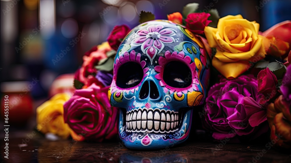 Portrait Skull with flower and candles AI Generative Portrait Skull with flower and candles AI Generative
