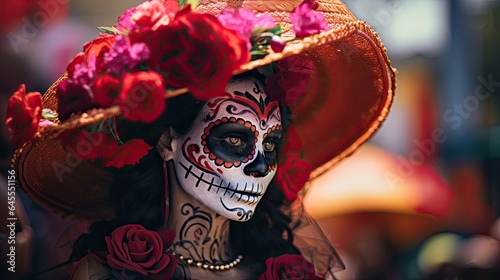 Portrait woman wearing sombrero with sugar skull make up AI Generative