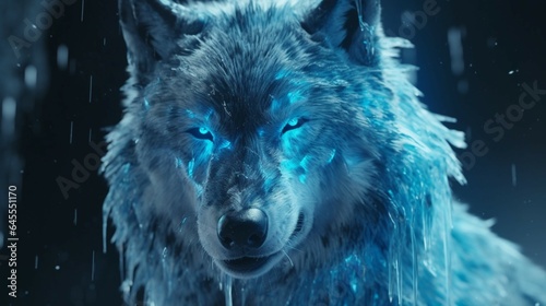 Wolf with icy blue fur and crystal-blue eyes howling Generative Ai © Abonti