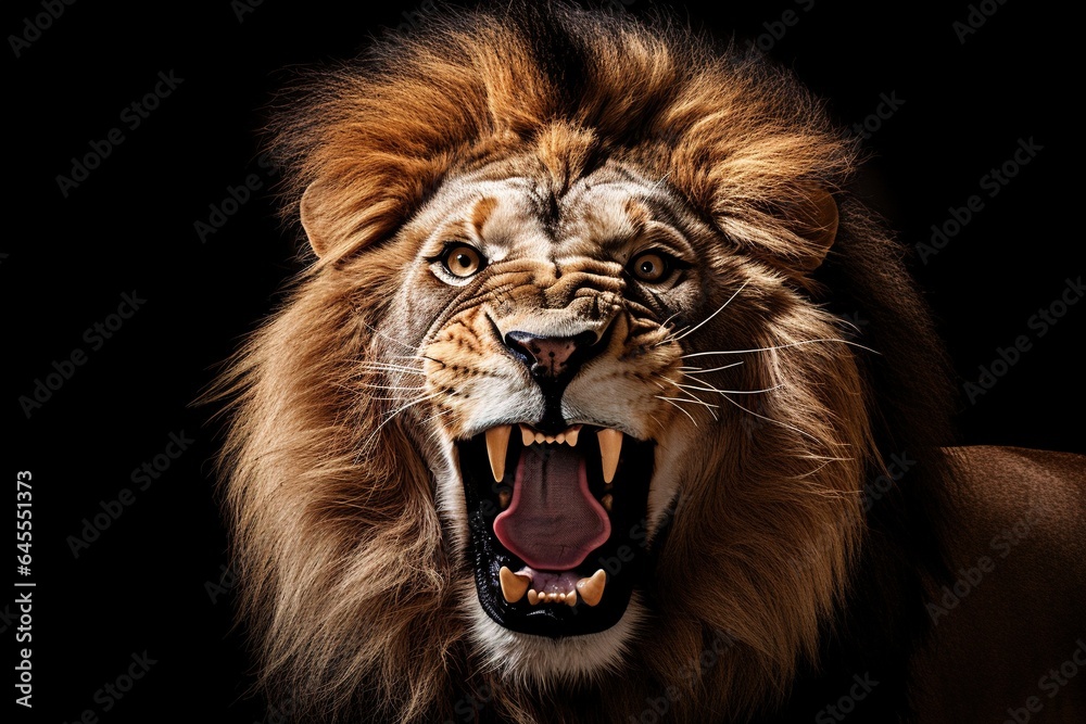 Fototapeta premium Lion roaring on black background. 