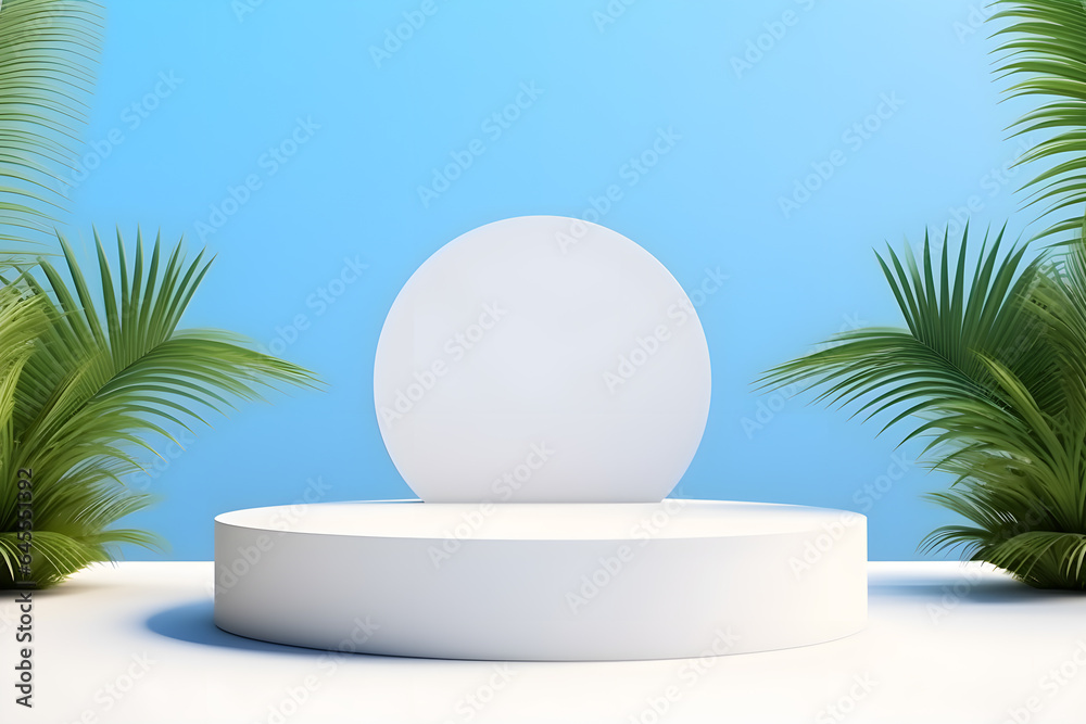 3D podium minimal mock up showcase with tropical plants palm trees, Presentation cosmetic products branding, Empty stage platform identity and packaging design, ai generate 3D podium minimal mock up showcase with tropical plants palm trees, Presentation cosmetic products branding, Empty stage platform identity and packaging design, ai generate