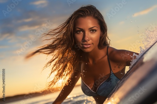 Young woman on surfboard surfing. © Bargais