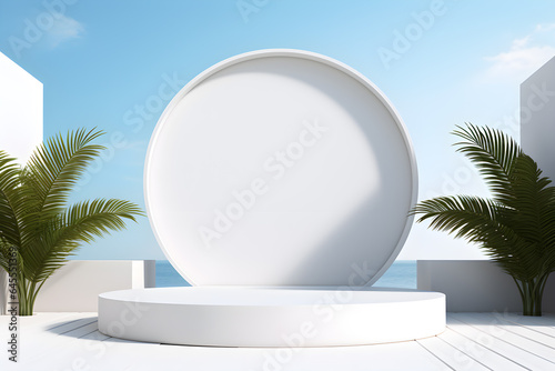 3D podium minimal mock up showcase with tropical plants palm trees, Presentation cosmetic products branding, Empty stage platform identity and packaging design, ai generate © Black Pig