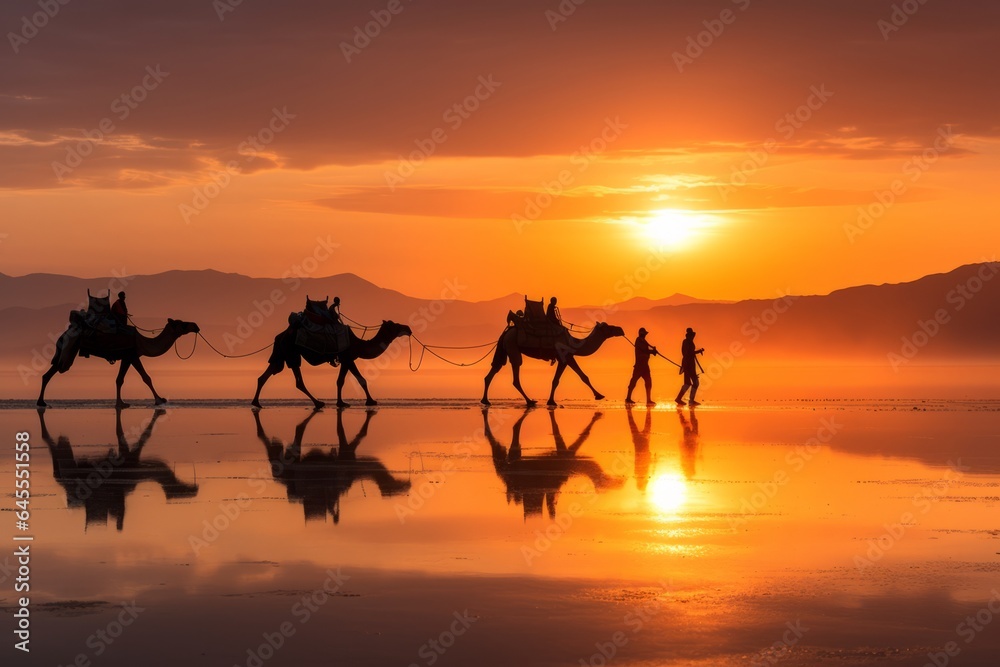 Silhouette of a caravan of camels in the desert
