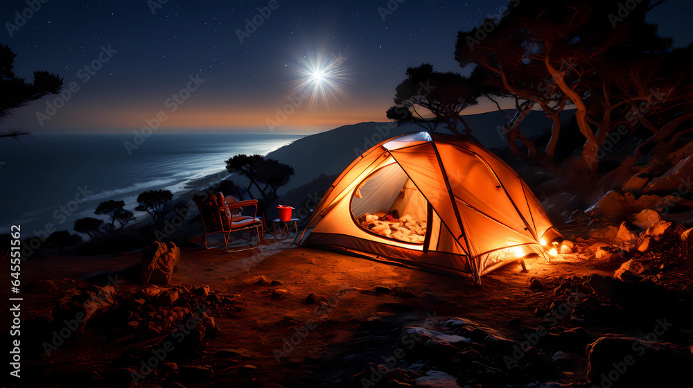 The Milky Way reaching above the tent or camping scene