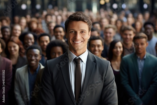 Man in front of large group of people.