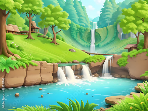 Nature scene with waterfall and stream flowing through the forest. vector illustration.