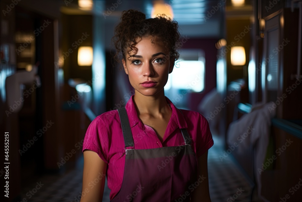 Young woman working as a cleaning lady.