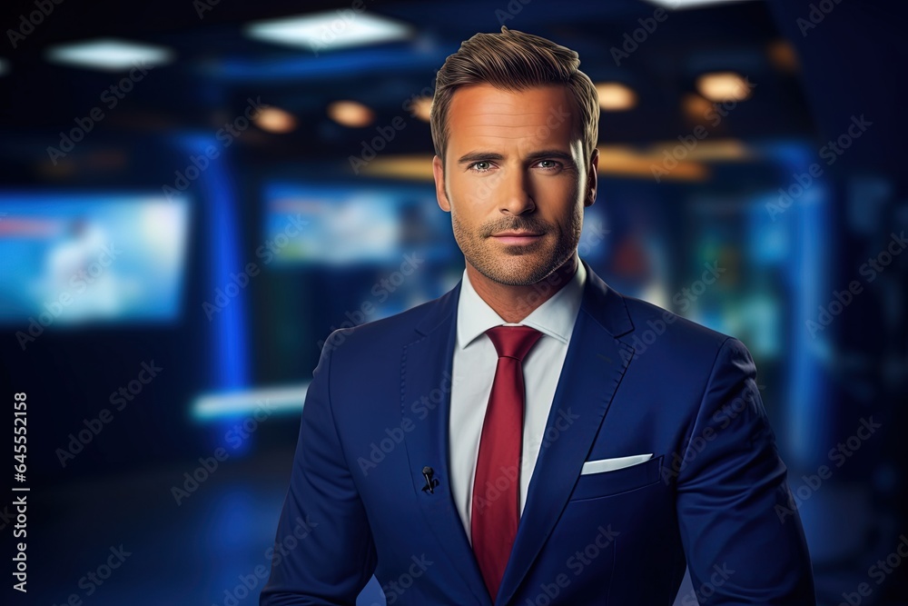 Male newsreader reporting live in the television. Male newsreader reporting live in the television.