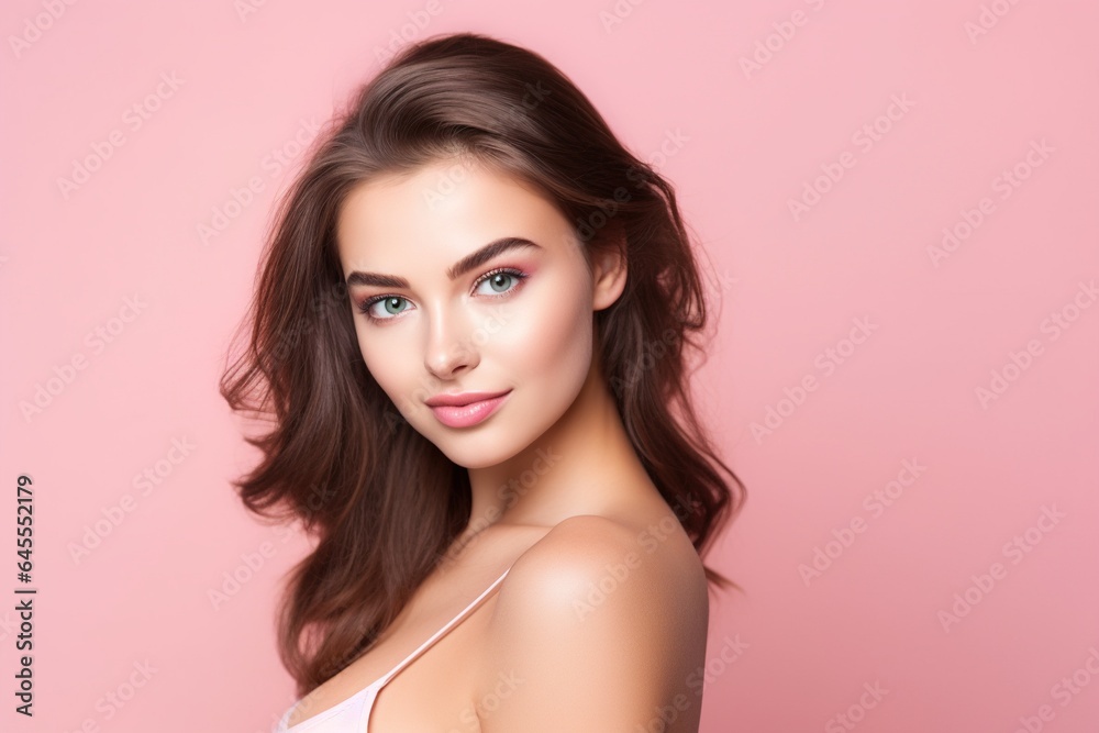 Beautiful young woman with clean fresh skin on pink background. Beautiful young woman with clean fresh skin on pink background.