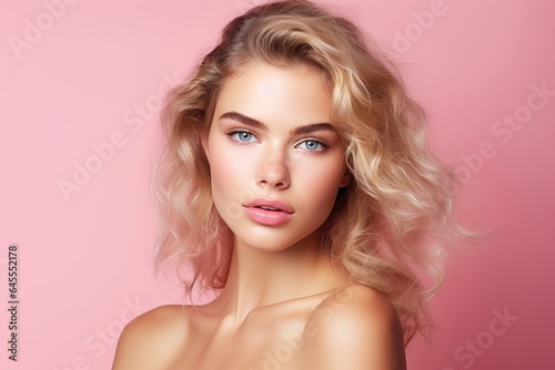 Beautiful young woman with clean fresh skin on pink background.