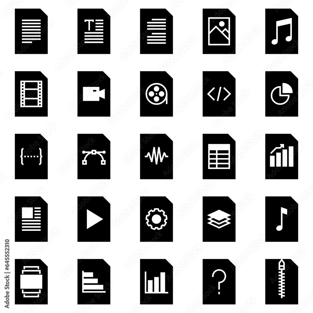 File type icons, in glyph style, for a variety of office uses and user interfaces including doc, pdf, video files, audio files, music, text, txt, jpg, and spreadsheet.