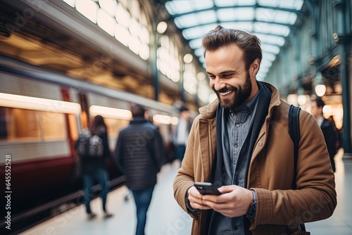 Smiling man looking at his smart phone at a train station.