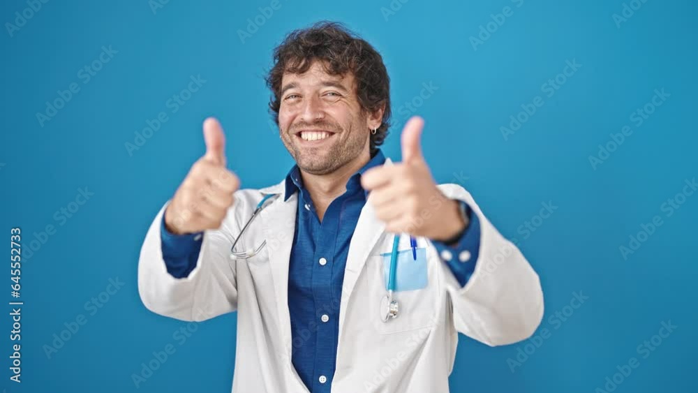 Young hispanic man doctor doing thumbs up over isolated blue background Young hispanic man doctor doing thumbs up over isolated blue background