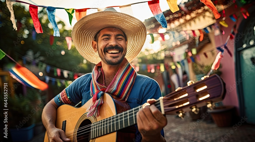 Portrait man wearing sombrero playing guitar AI Generative