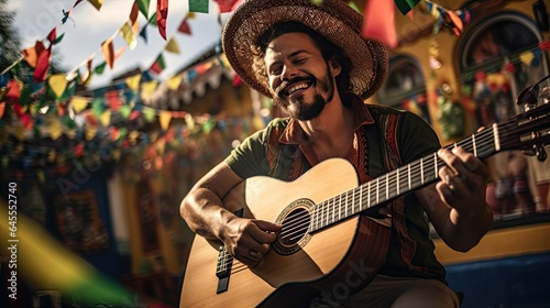 Portrait man wearing sombrero playing guitar AI Generative