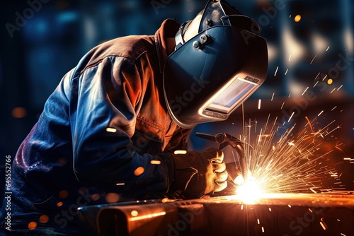 Welder is welding metal. © Bargais