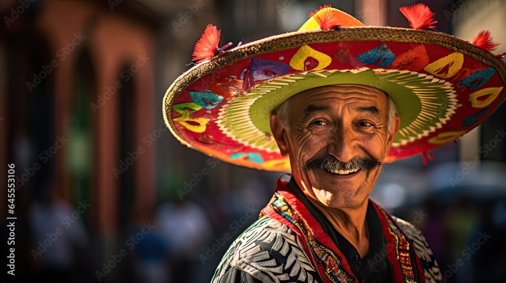 Peoples with sombrero hat on the street of city AI Generative