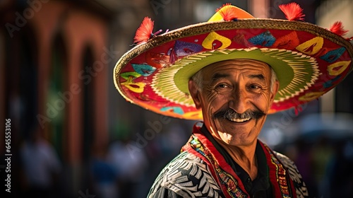 Peoples with sombrero hat on the street of city AI Generative