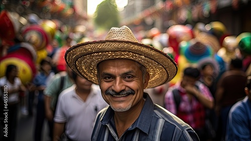 Peoples with sombrero hat on the street of city AI Generative