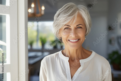 Middle aged woman smiling, close up indoor portrait