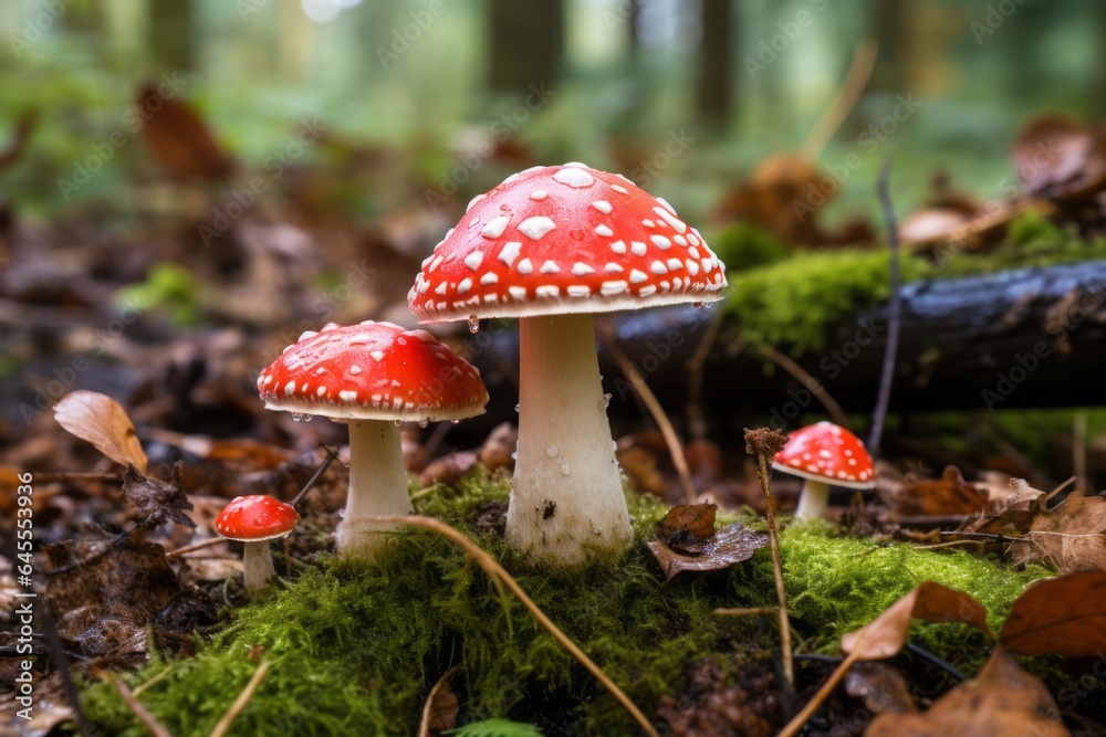 Red fly agaric mushroom in the forest, close-up