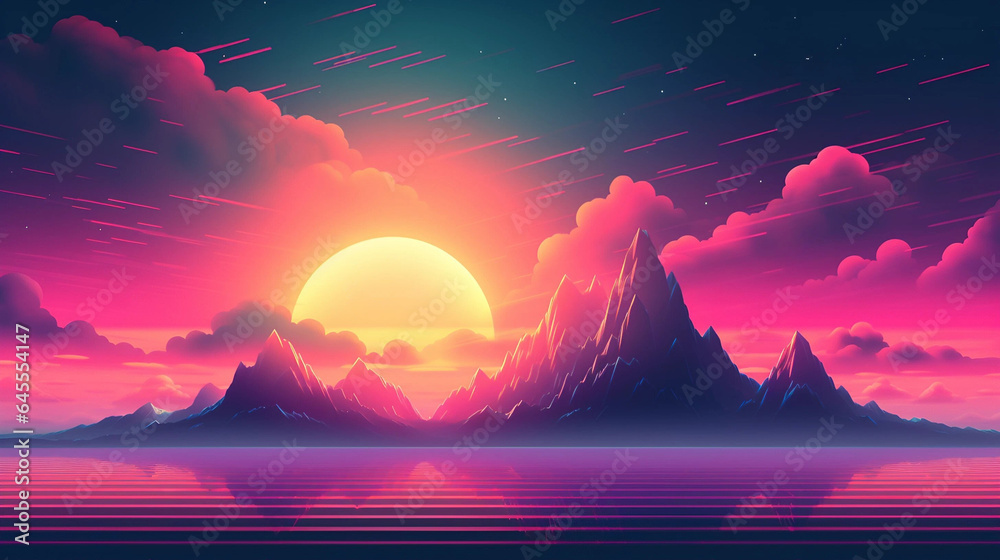 80s Style Artwork Backdrop of a Sun Setting Behind Mountains