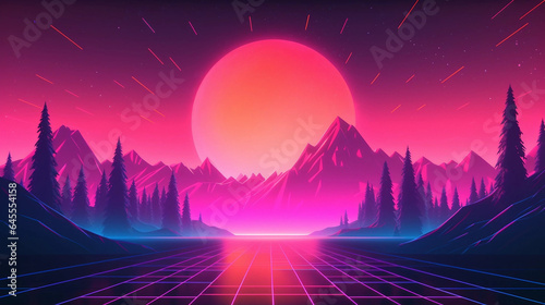 80s Style Artwork Backdrop of a Sun Setting Behind Mountains