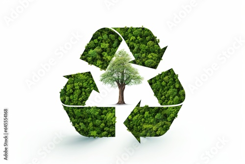 Eco friendly recyclation concept. Green recycle icon on fresh spring meadow on white background.