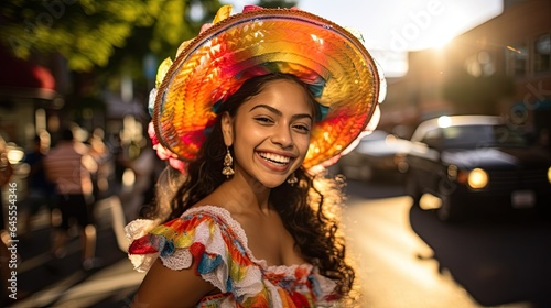 Portrait girl dance on the street wearing sombrero with light exposure AI Generative © Tebha Workspace