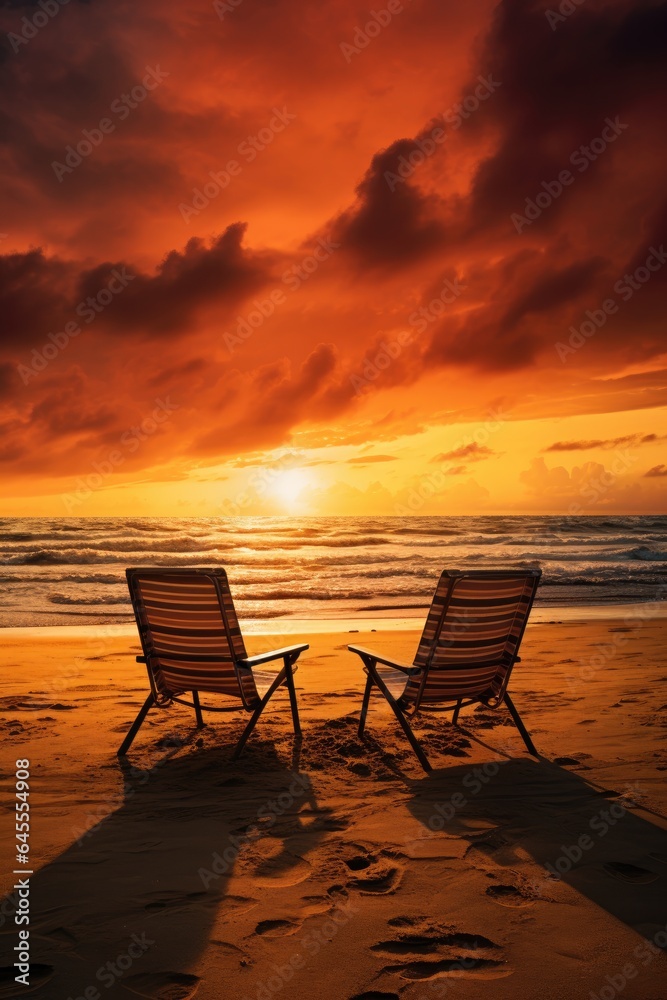 Dramatic sunset scene with two empty chairs on the tropical sandy beach. generative ai