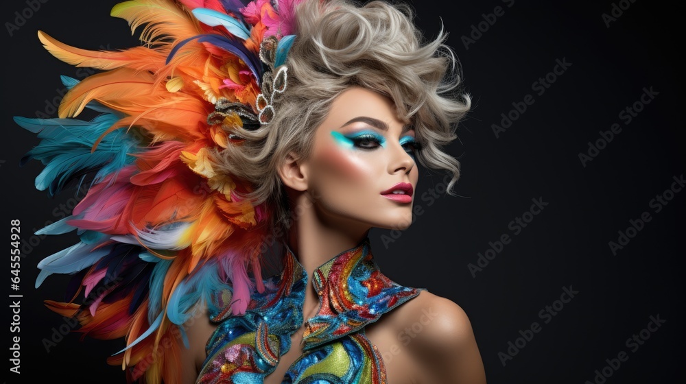 Sexy woman in a carnival feather costume, black background, Colorful Carnival makeup, samba headdress, body paint, generative ai