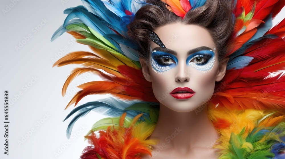 Carnival feather makeup face, a Caucasian woman in a carnival costume with a feather headdress, white background, samba headdress, face paint makeup, generative ai