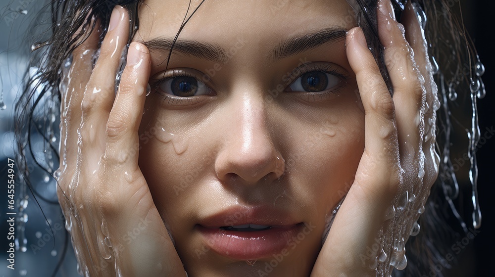 Woman washing her face close up, a portrait of a young woman in the shower, generative ai