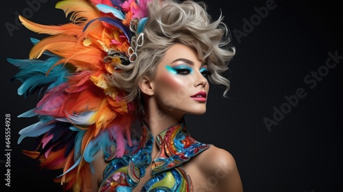 Sexy woman in a carnival feather costume  black background  Colorful Carnival makeup  samba headdress  body paint  generative ai